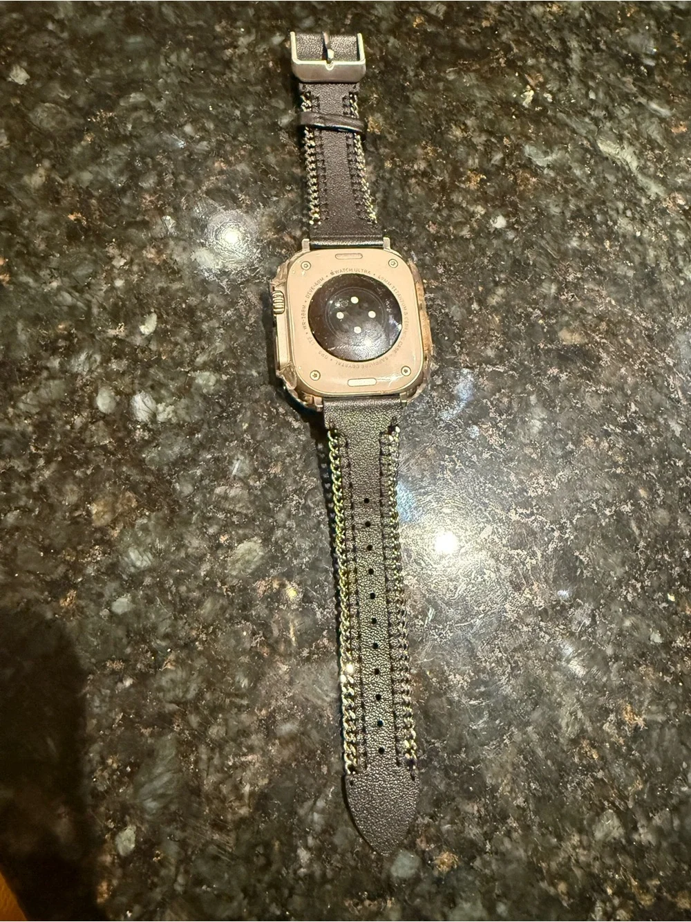 Leather Watch Strap with Chain Accent - Black